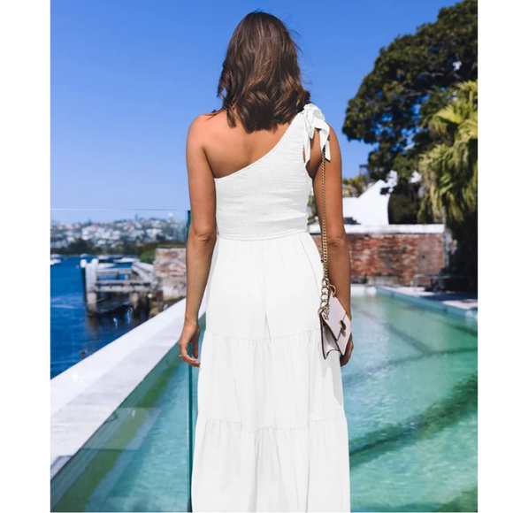 Women's Summer One Shoulder Sleeveless Knot Smocked Midi Dress Split Flowy NWT M - Picture 4 of 4